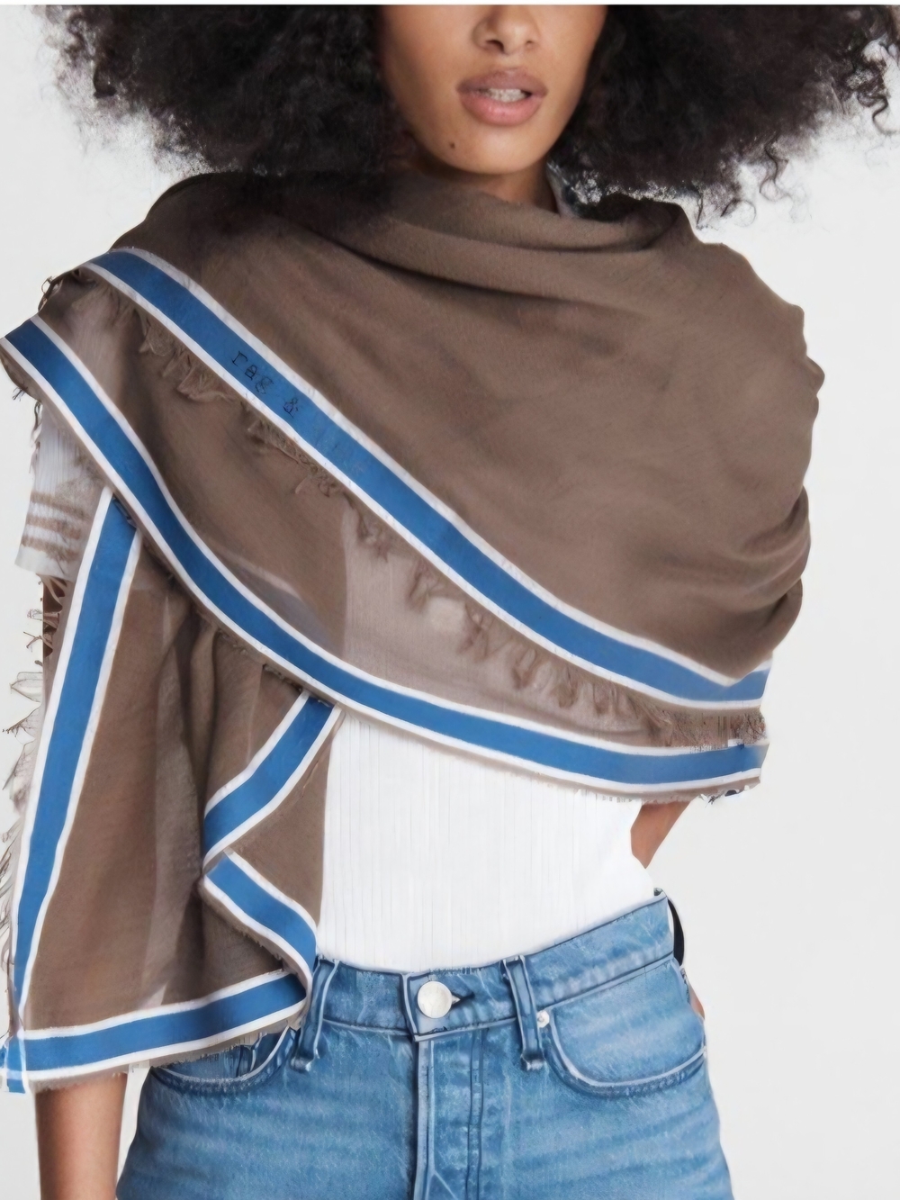 rag & bone Lance Scarf with Blue and White Stripe Trim Fringe Edge